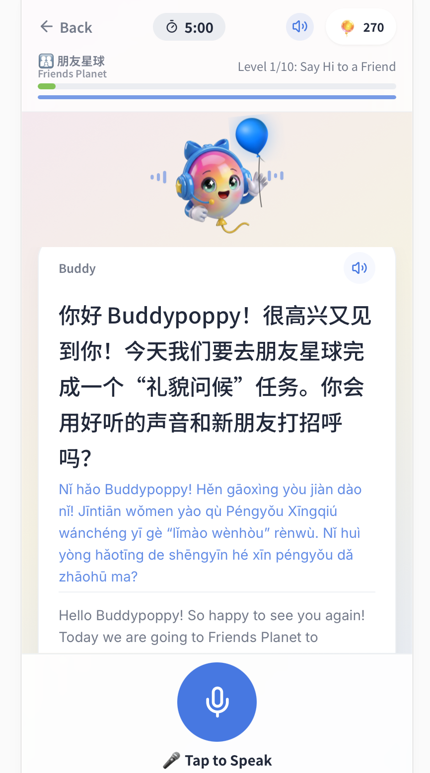 The BuddyPop app showing Buddy greeting a child in Mandarin with pinyin and an English translation above a large Tap to Speak button